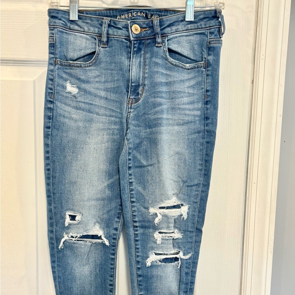 American Eagle Blue Skinny Jeans with Distressed Details